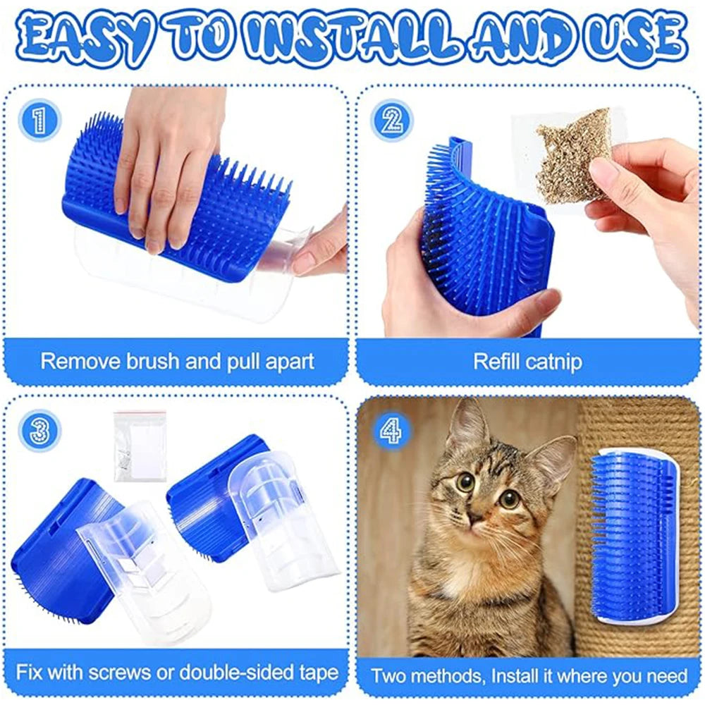 Cat Brush and Scratcher with Catnip - Wall-Mounted Grooming Comb and Self-Massaging Corner Scrubber for Cats