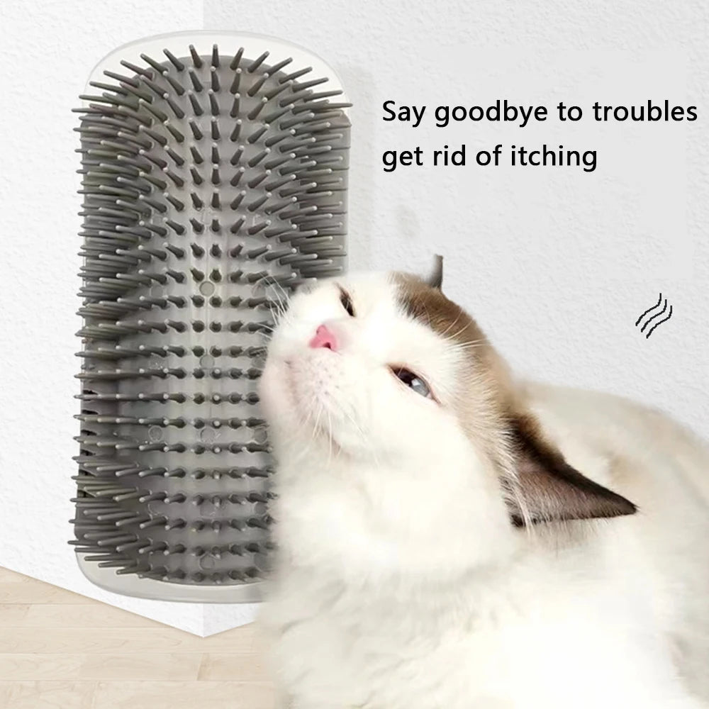 Cat Brush and Scratcher with Catnip - Wall-Mounted Grooming Comb and Self-Massaging Corner Scrubber for Cats